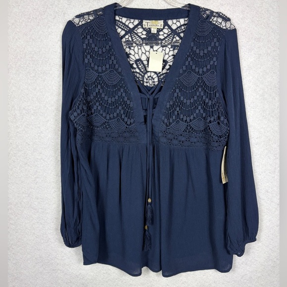 Tanzara NWT Size XL Navy Blue Crochet Yoke Peasant Blouse Loose Flowing - Picture 1 of 5